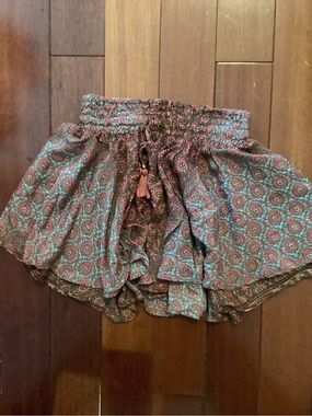 Boho Floral Smocked Waist Women's Shorts in Teal and Pink by Karma Highway
